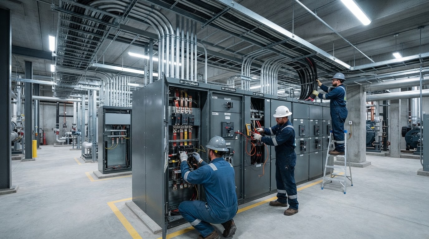 Instalación eléctrica industrial con tableros y canalizaciones