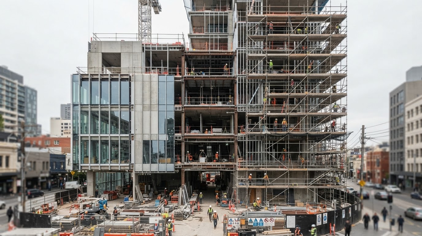 Edificación comercial en remodelación con estructura y andamios