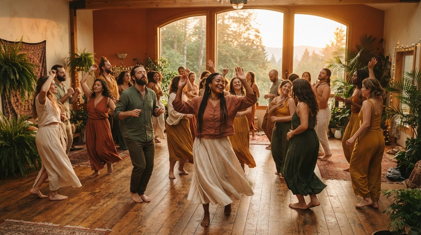 Persone che danzano liberamente in uno studio illuminato dal sole dorato durante un evento HARMONIA di Ecstatic Dance