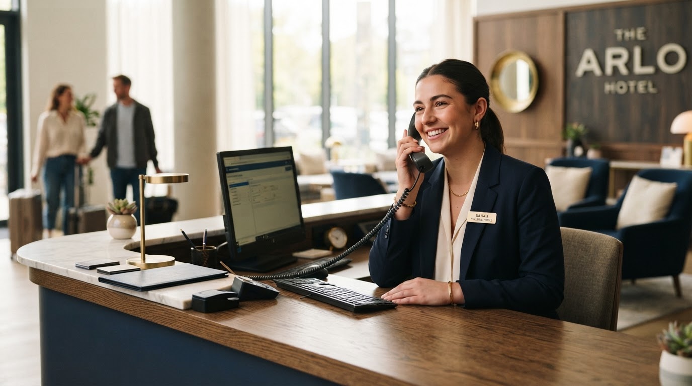 Rezeptionistin am Telefon in einer modernen Hotelrezeption
