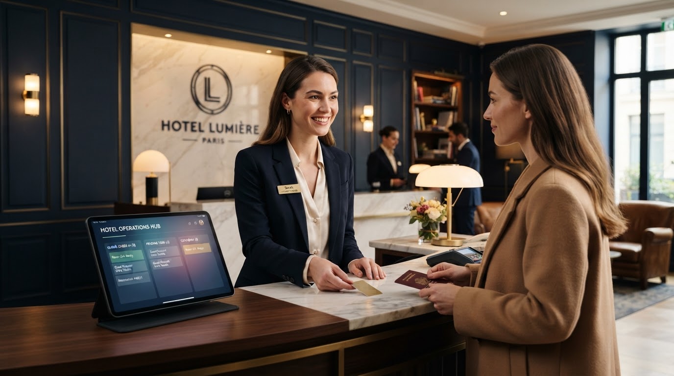 Rezeptionistin arbeitet mit KI-Ticketing-System an einem modernen Hotel-Empfang