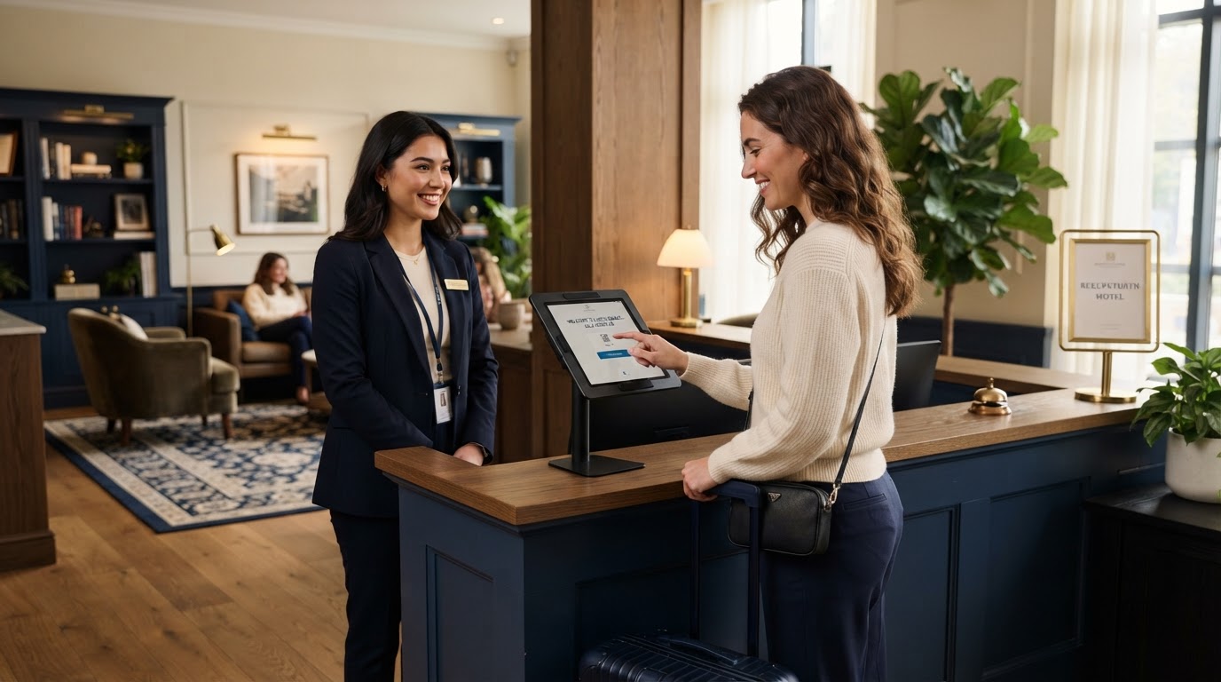 Gast am Tablet beim Self Check-in in einer Hotellobby