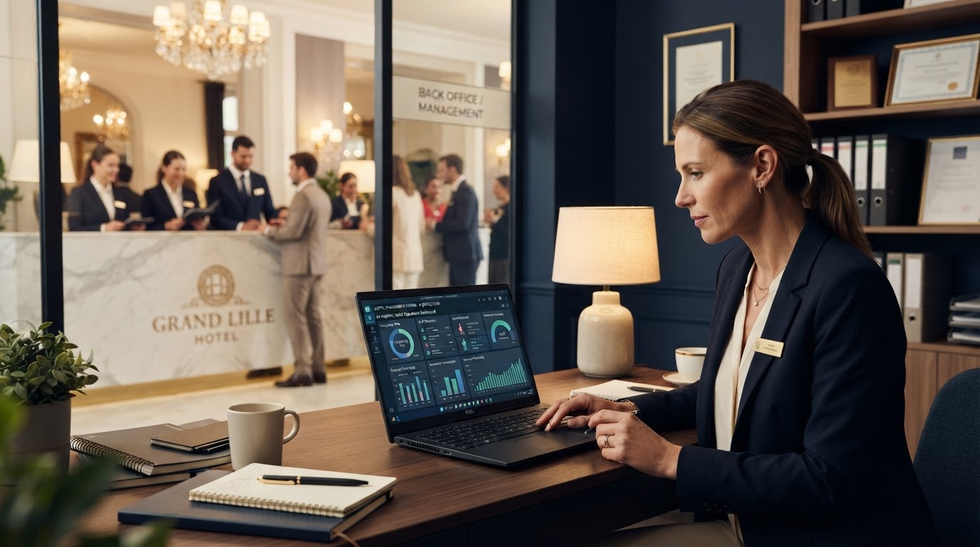 Hotelmanagerin prüft ein KI-gestütztes Dashboard im Backoffice mit Team im Hintergrund