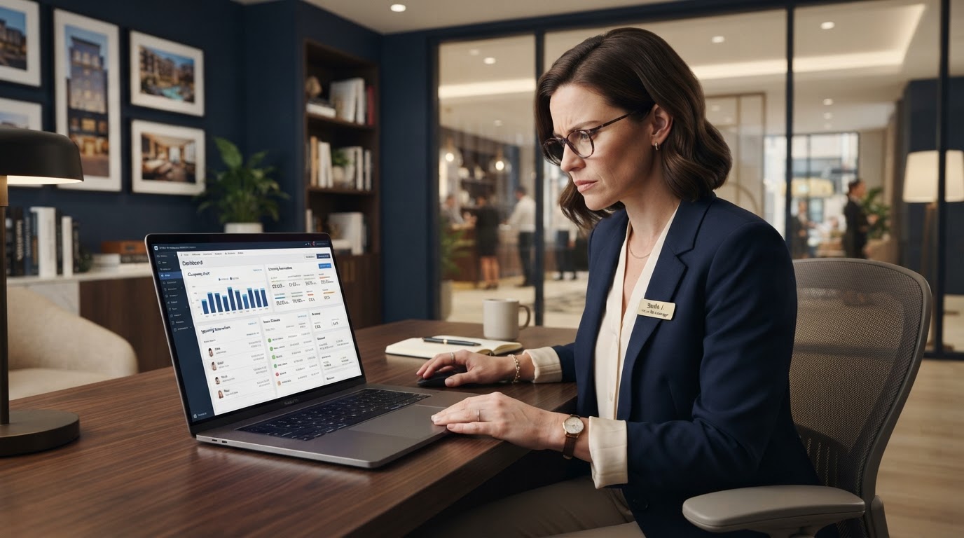 Hotelmanagerin arbeitet mit dem PMS-Dashboard auf dem Laptop