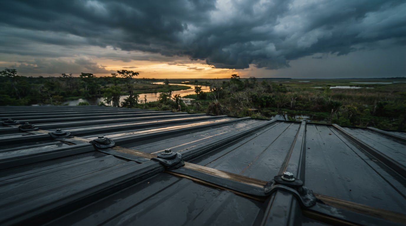 Metal roof with exposed screws under storm clouds over the Gulf Coast