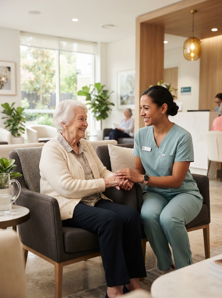 Compassionate Hill Wound Care nurse comforting a patient in the Frisco clinic waiting room