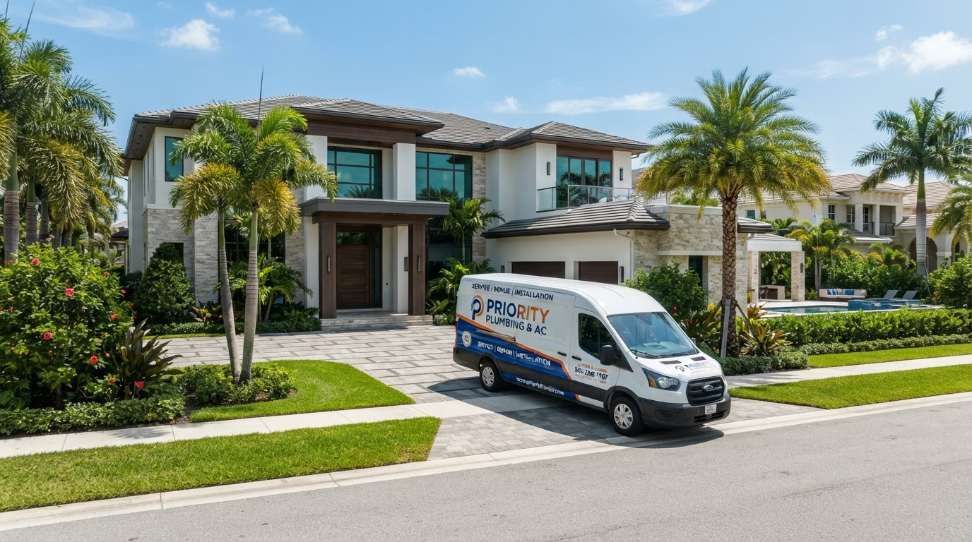 Priority Plumbing and AC service van parked at luxury Boca Raton residence