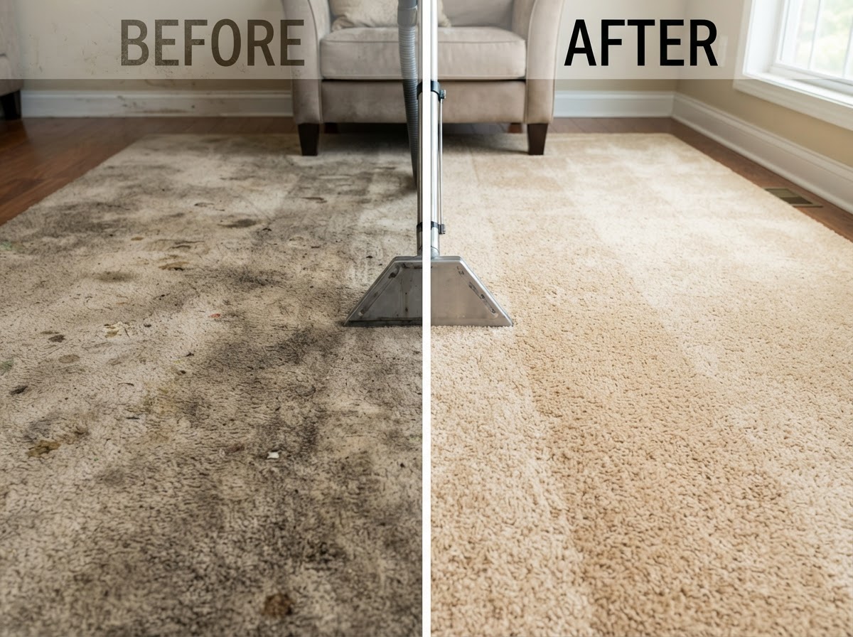 Before and after carpet cleaning comparison in a Massachusetts home