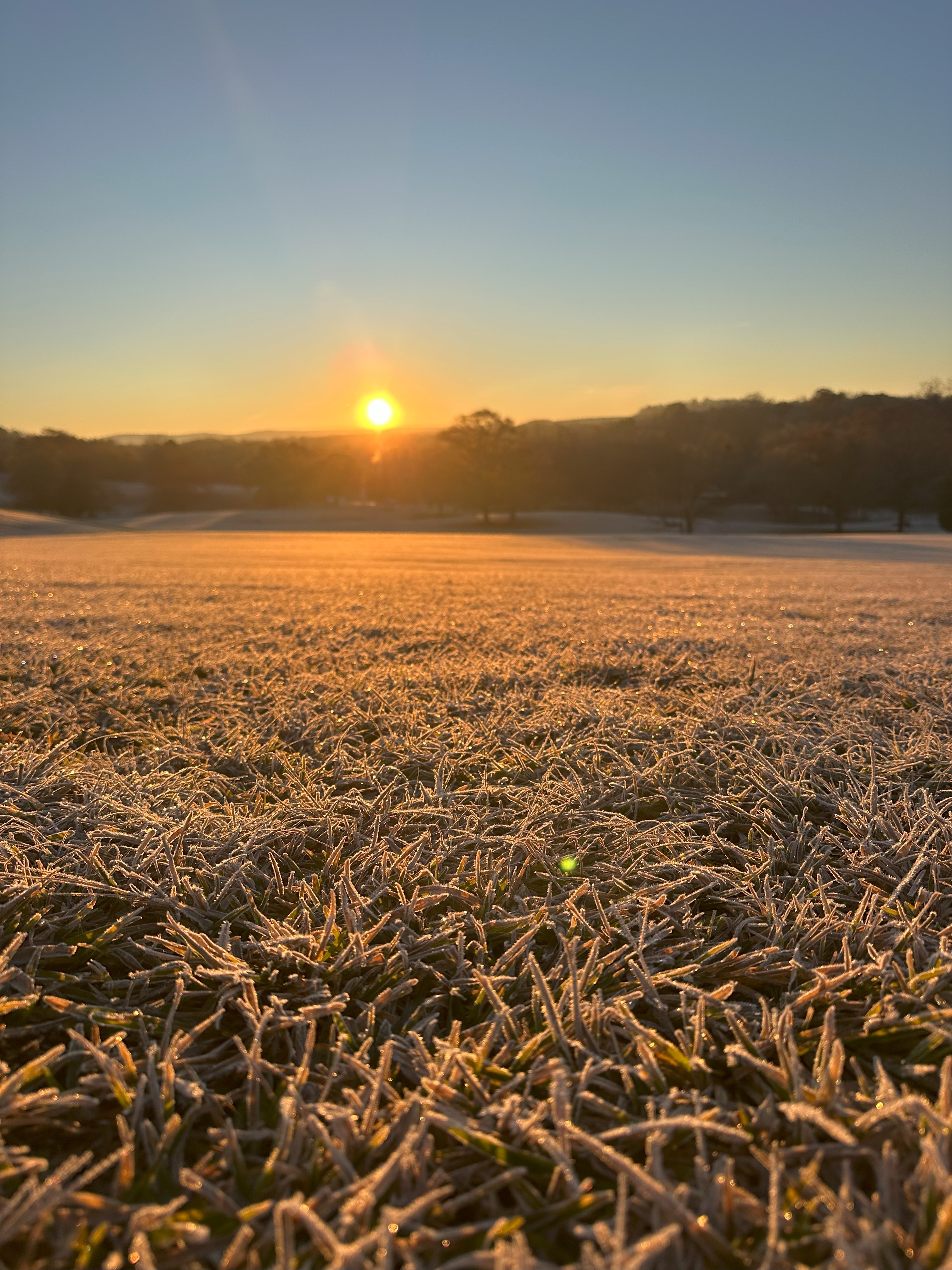 Golden sunrise over frosty rolling hills at River Hills Retreat