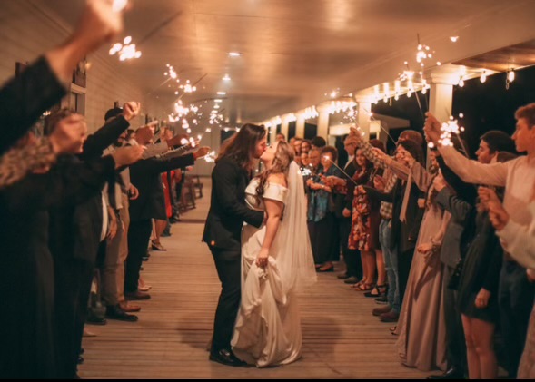 A bride and groom sparkler celebration send-off