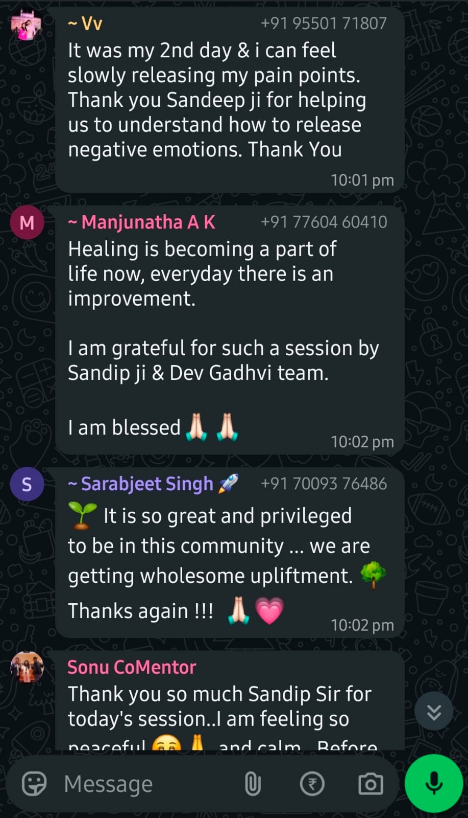 WhatsApp testimonial screenshot from Vv, Manjunatha A K & Sarabjeet Singh