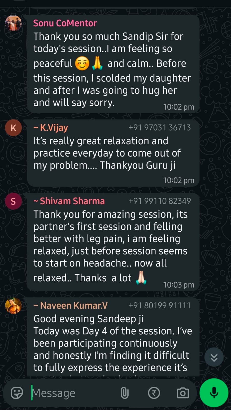 WhatsApp testimonial screenshot from Sonu CoMentor, K.Vijay & Shivam Sharma