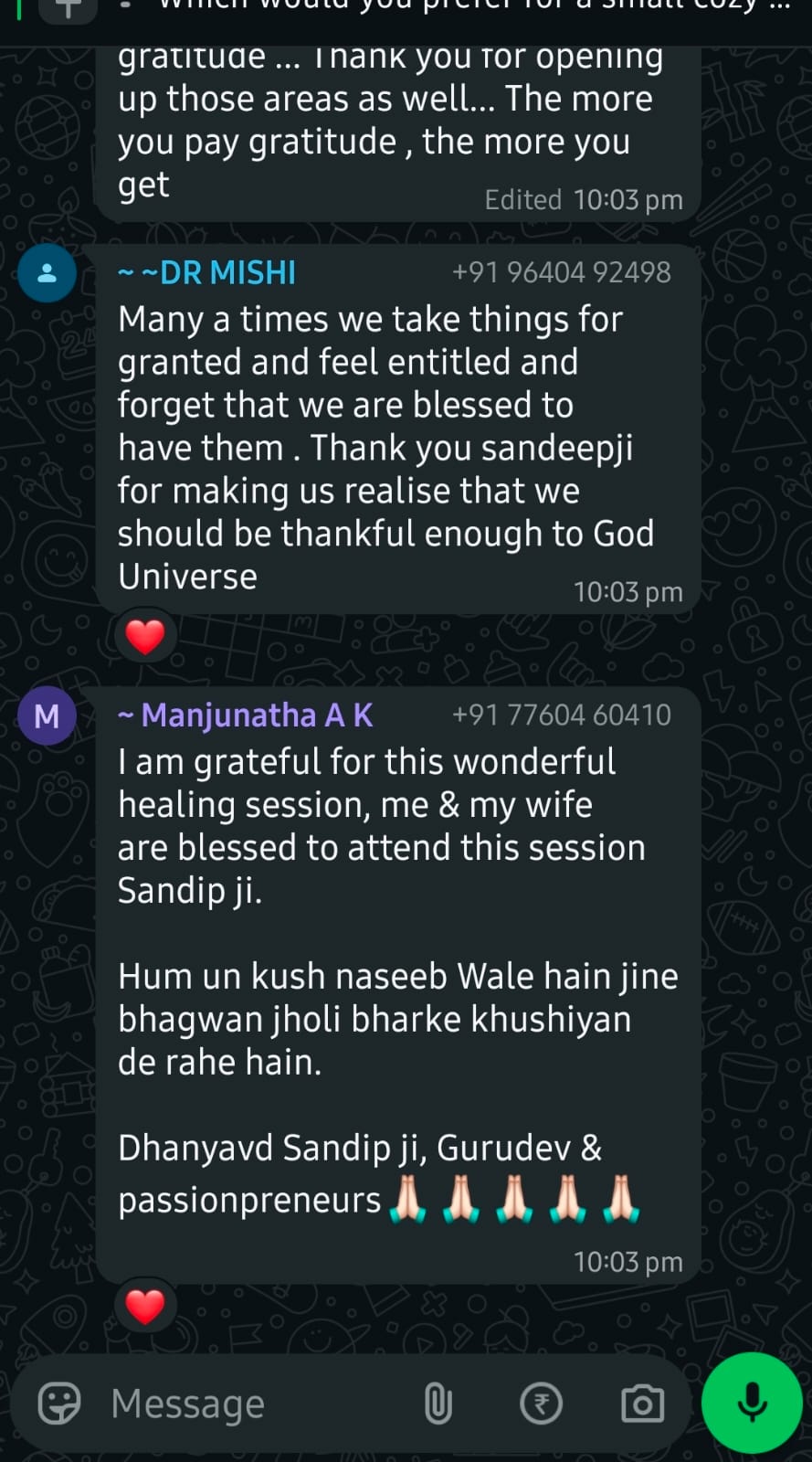 WhatsApp testimonial screenshot from DR MISHI & Manjunatha A K