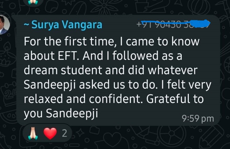 WhatsApp testimonial from Surya Vangara - felt relaxed and confident with EFT