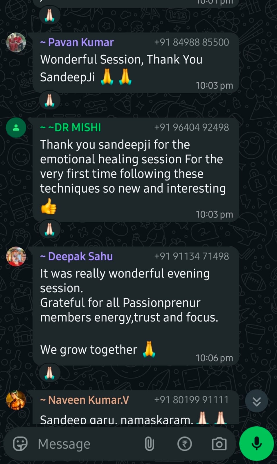 WhatsApp testimonial screenshot from Pavan Kumar, DR MISHI & Deepak Sahu