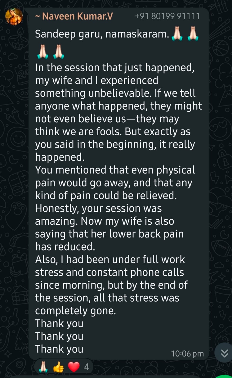 WhatsApp testimonial screenshot from Naveen Kumar.V