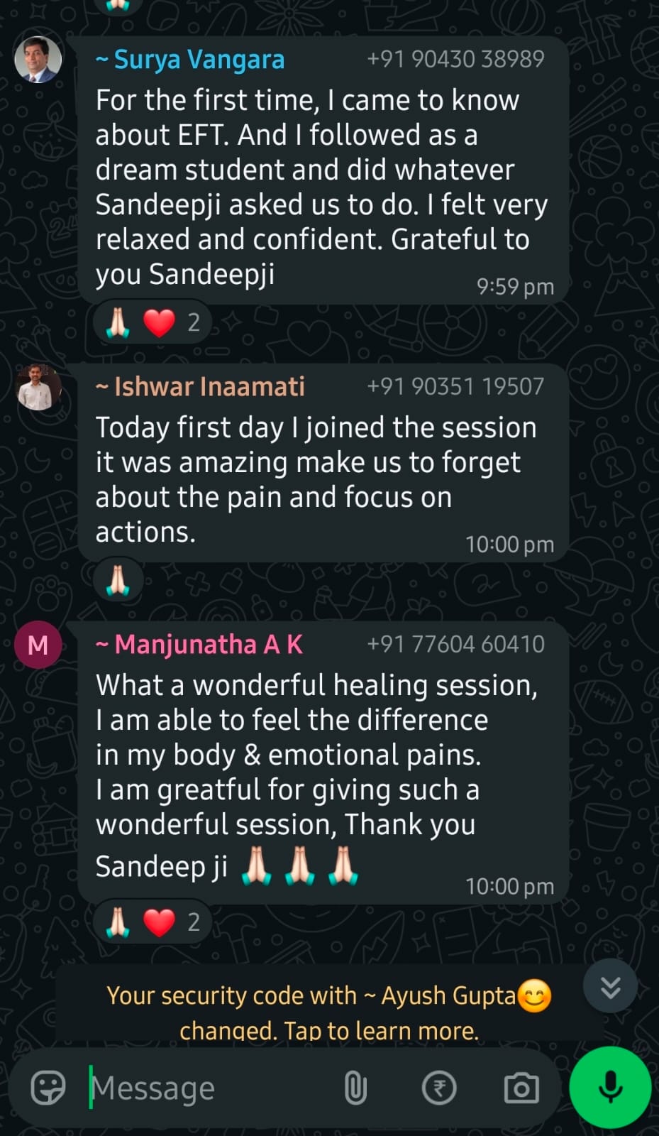 WhatsApp testimonial screenshot from Surya Vangara & Ishwar Inamati