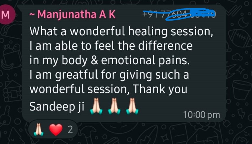 WhatsApp testimonial from Manjunatha A K - difference in body and emotional pains