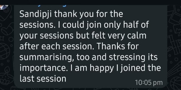 WhatsApp testimonial - felt very calm after each session