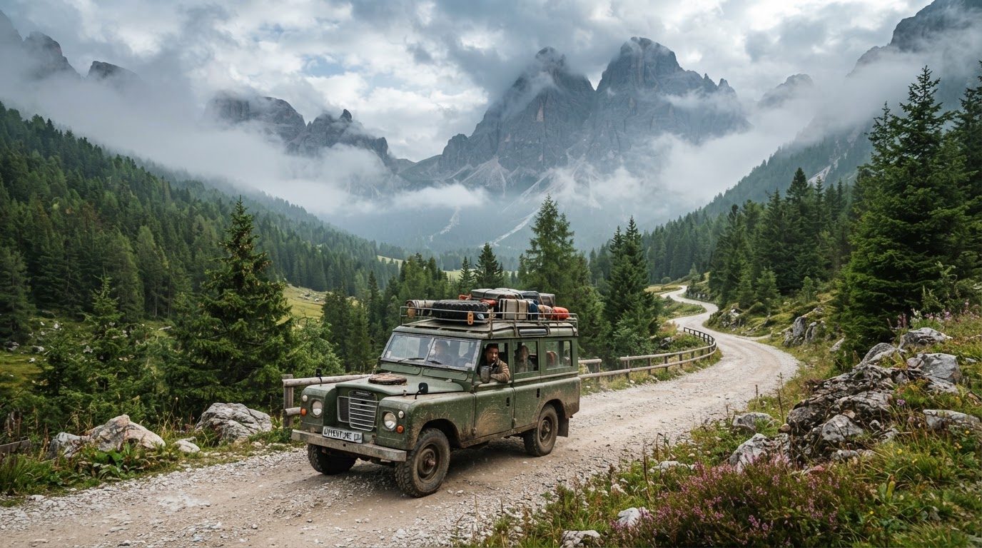 Scenic mountain road with safari vehicle