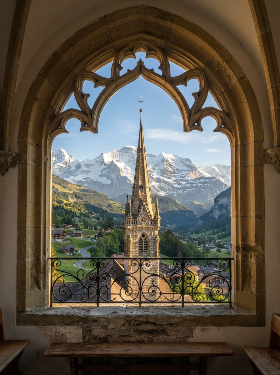 Historic church spire with alpine mountain peaks