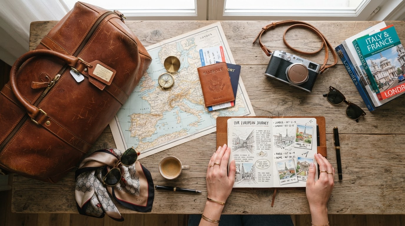 Travel planning flatlay with vintage accessories