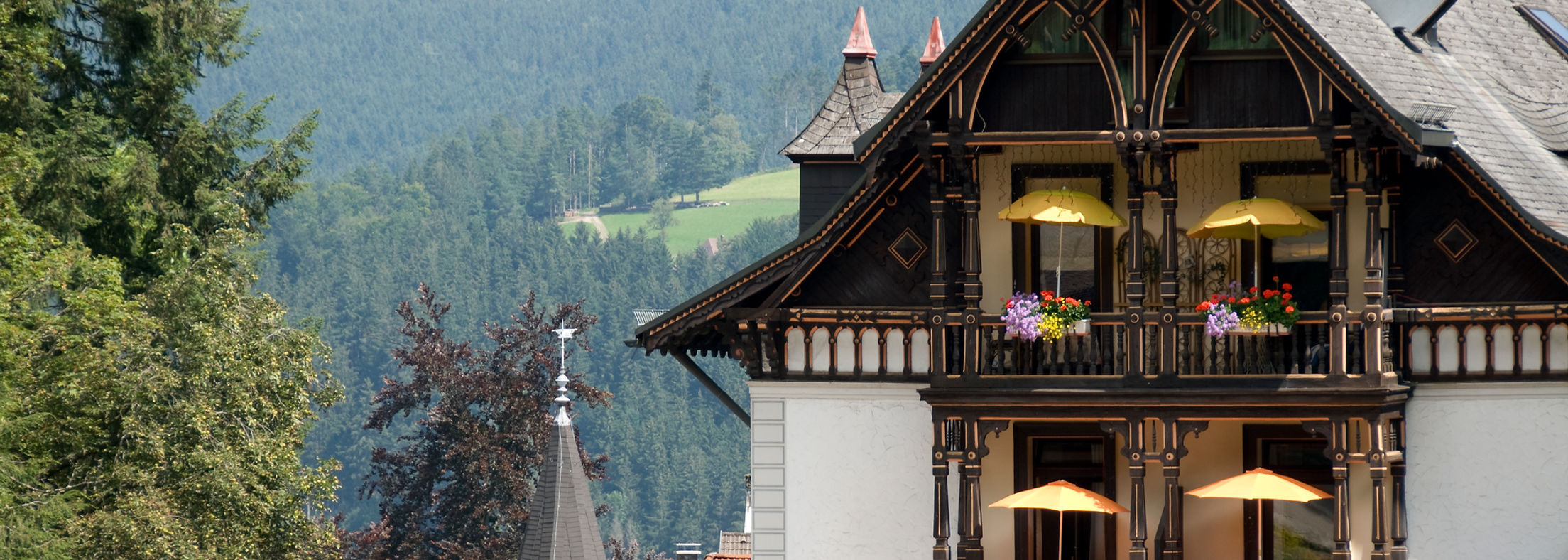 Alpine wooden chalet balcony with mountain views