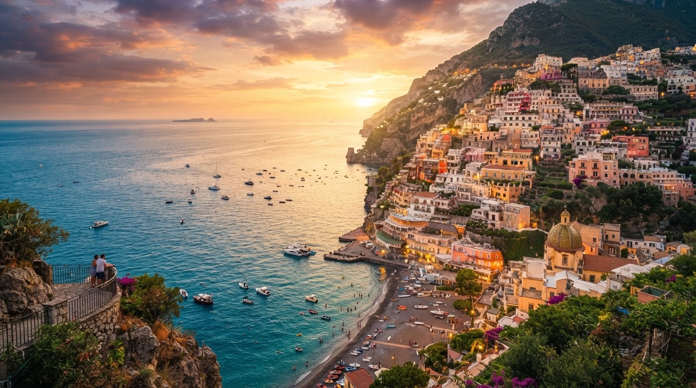 Cinematic coastal village cliffs at sunset