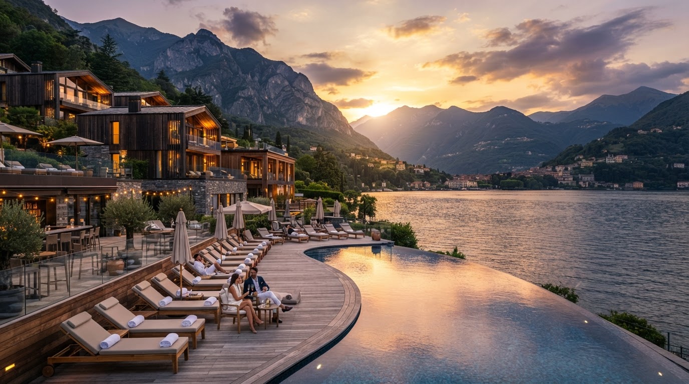 Luxury resort loungers at sunset