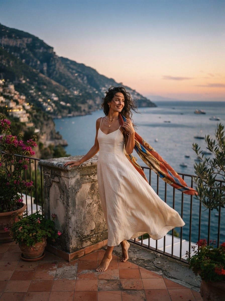 A traveler in cream linen on a terracotta terrace overlooking the sea at dusk
