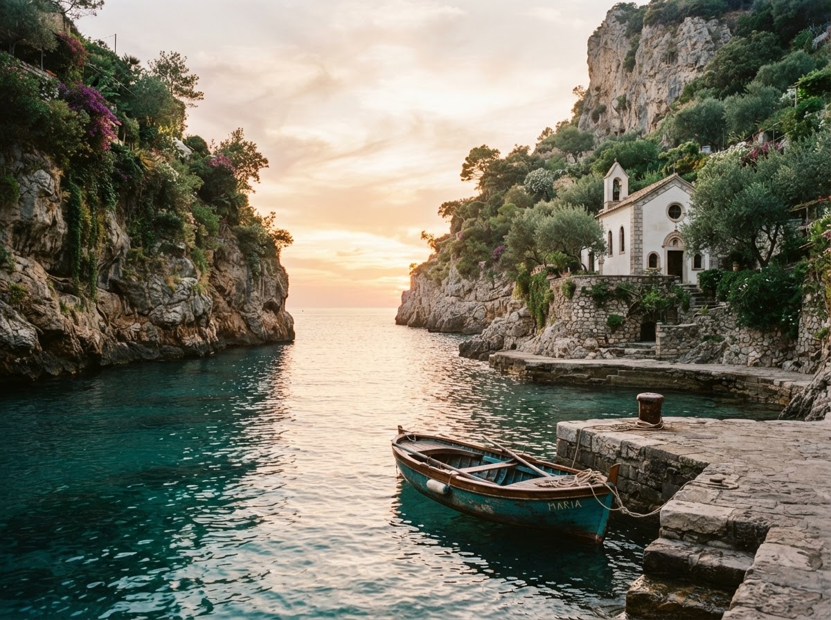 A hidden Mediterranean cove at sunset