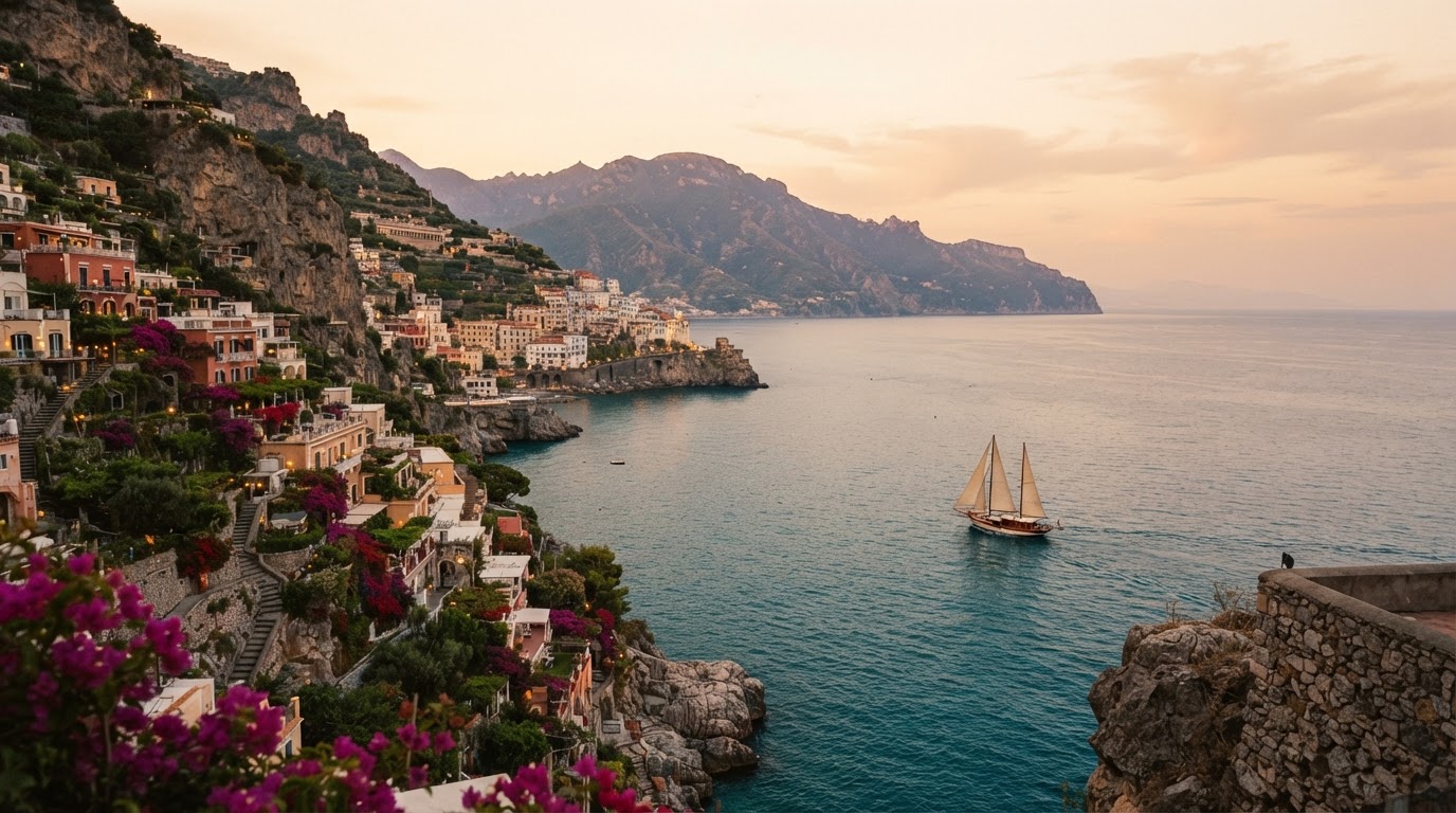 The Amalfi Coast at golden dusk — terracotta villas above a deep teal sea