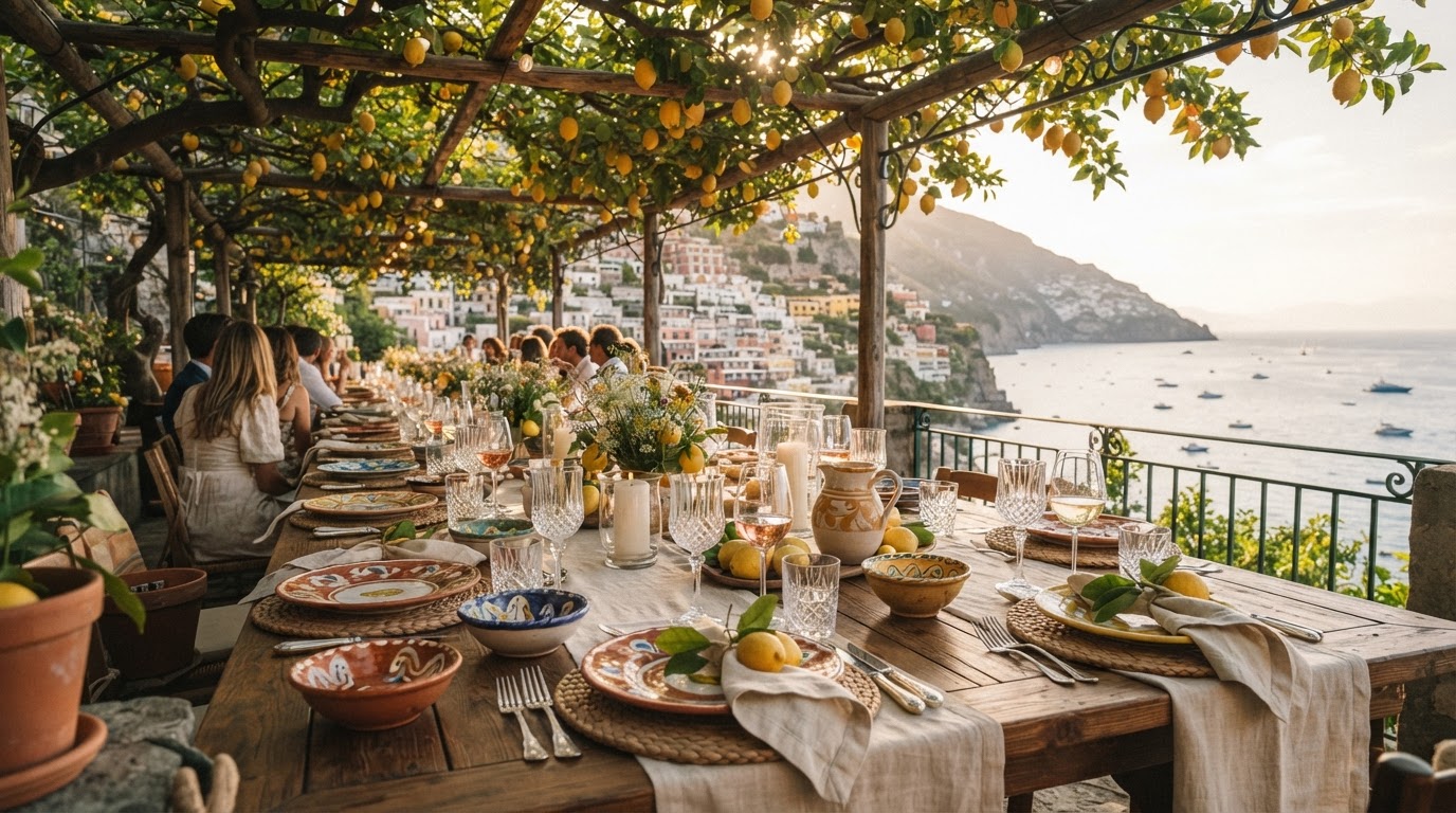 A long table set under a lemon-tree pergola at golden hour on the Amalfi Coast