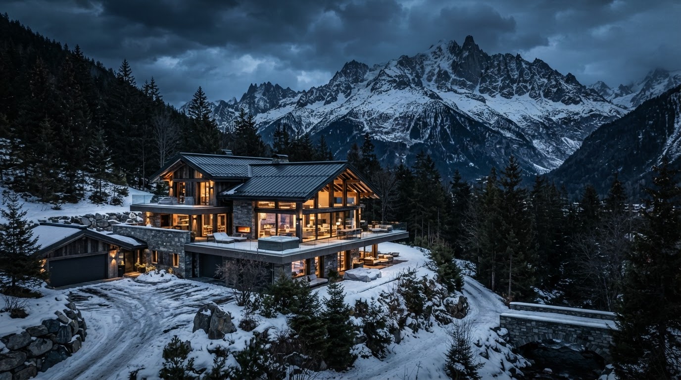 Luxury alpine estate with a standing seam metal roof shedding heavy snow load under snow-capped mountain peaks — ice dam prevention and thermal barriers for high-altitude roofing