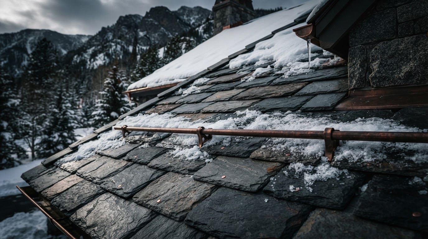 Natural slate roof detail on a high-end mountain estate with snow patches — hand-graded freeze-thaw resistant slate and architectural composite roofing for the Roaring Fork Valley