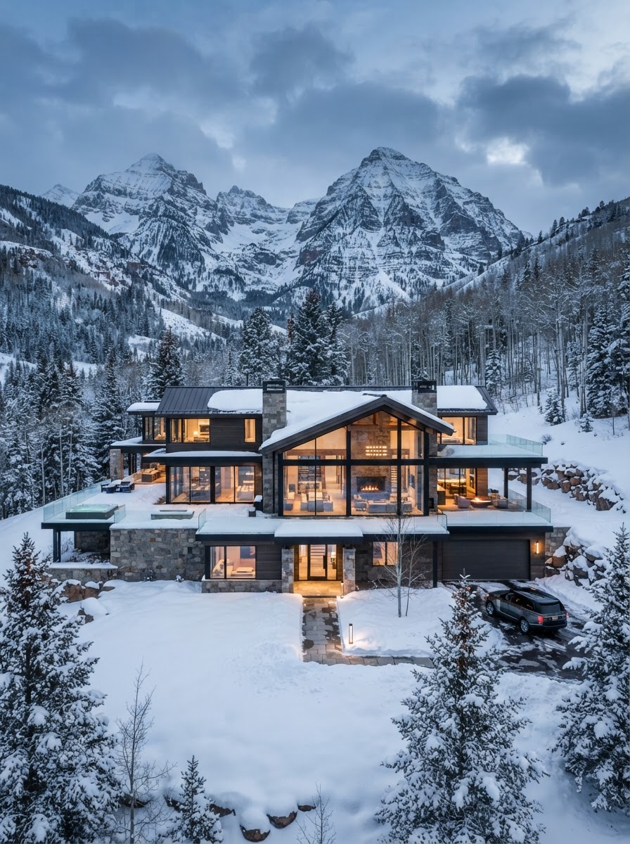Modern alpine estate with snow-capped Rocky Mountain peaks at dawn