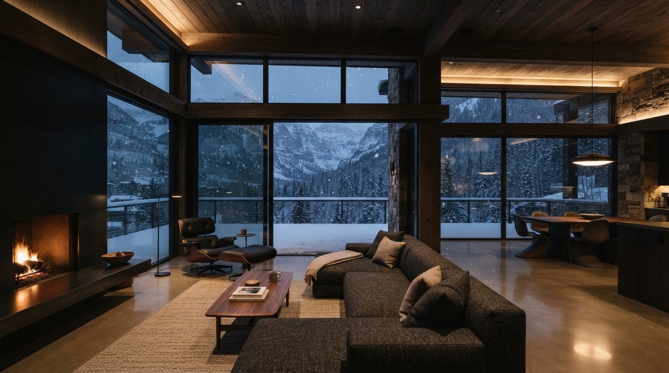 Open-concept luxury mountain living room with floor-to-ceiling glass windows and snow falling over Aspen peaks, warmed by silent radiant floor heat — whole-home alpine heating with zero cold spots