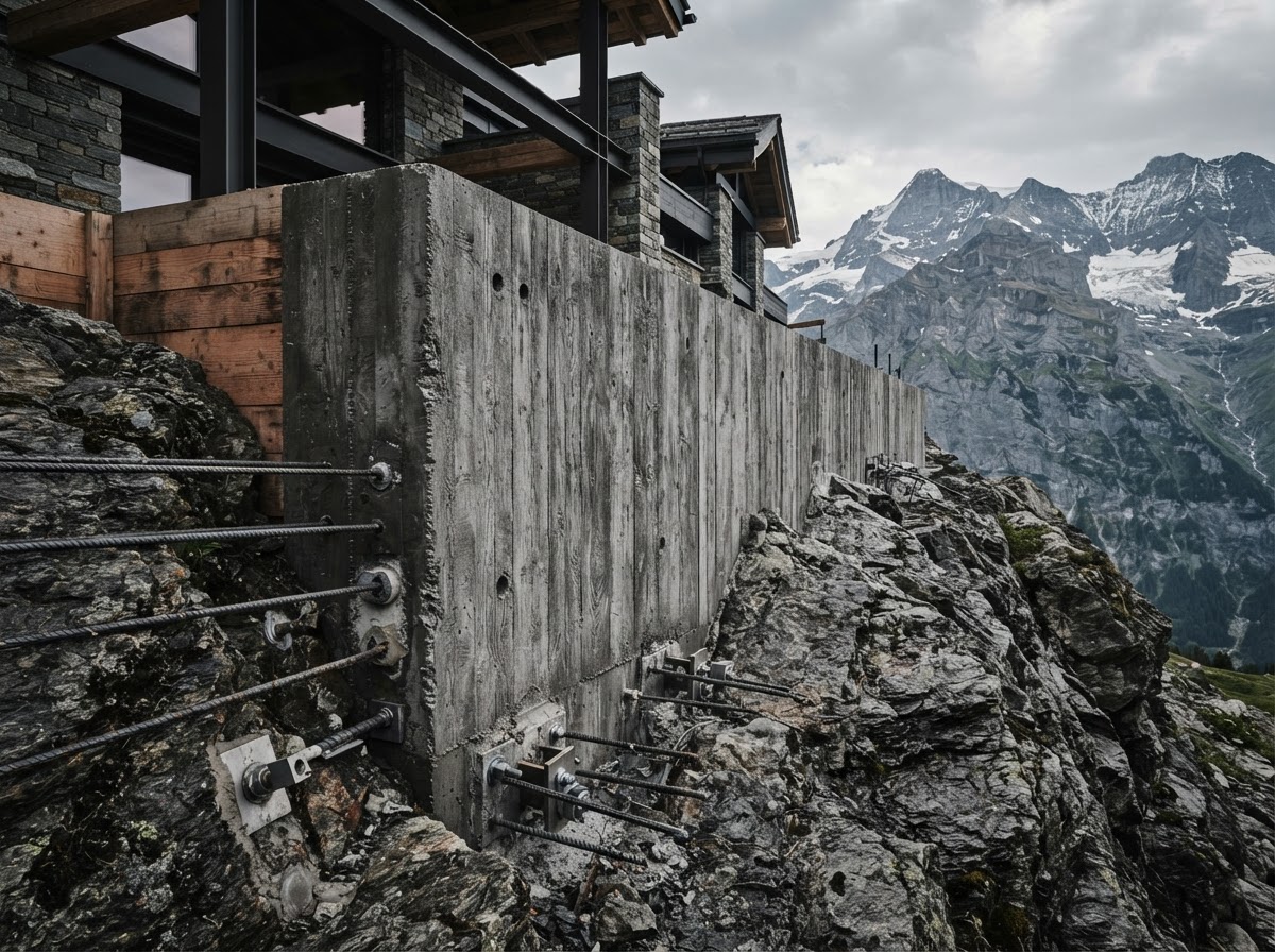 Active bedrock-anchored foundation remediation on a steep alpine grade in Aspen Highlands — exposed reinforced concrete footing pinned to native granite bedrock beneath snow-capped peaks
