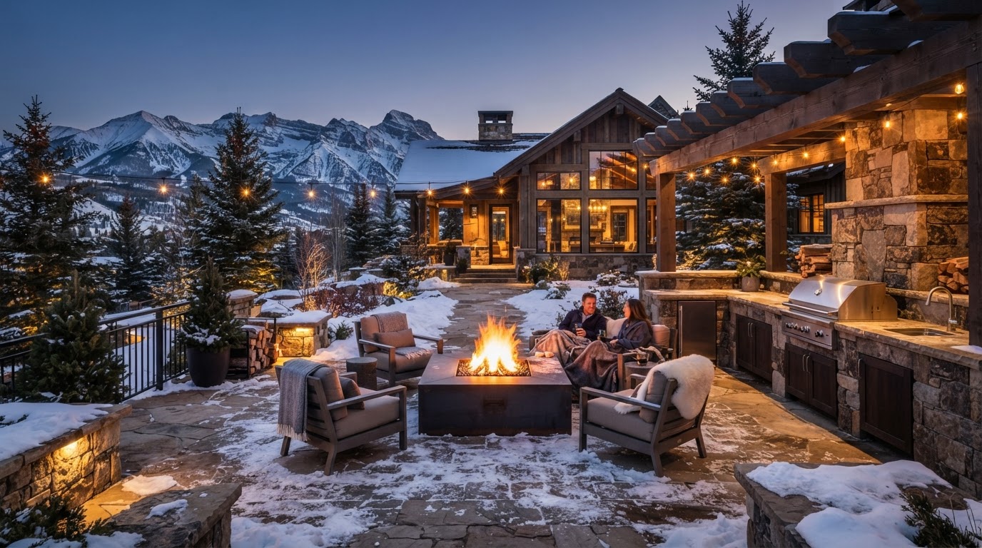 Snow-dusted custom stone patio with a blazing architectural fire pit and built-in outdoor kitchen at a luxury alpine estate at dusk, snow-capped Rocky Mountain peaks in the background — luxury outdoor living masonry