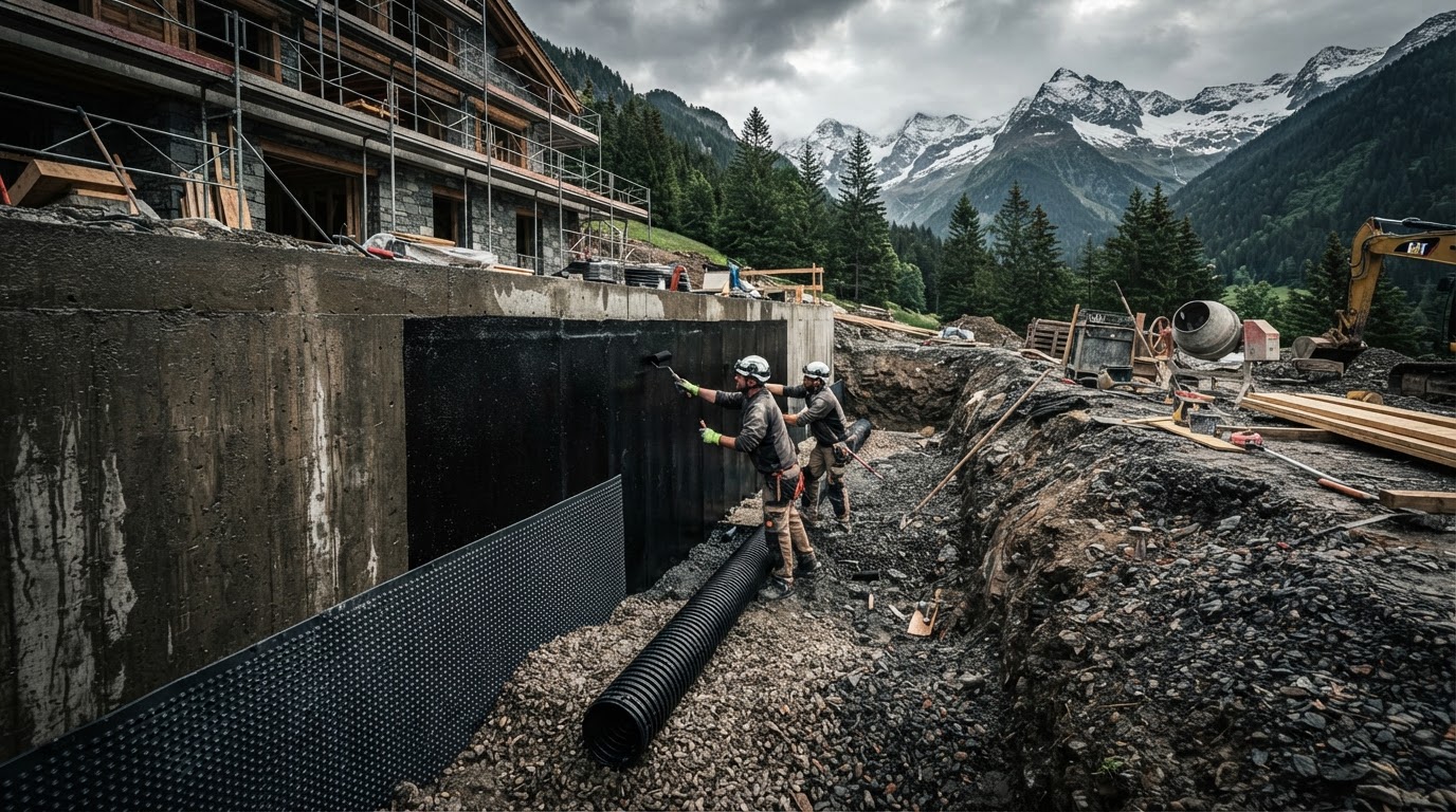 Below-grade foundation waterproofing installation on a luxury alpine estate — impermeable membrane, drainage board, and perimeter drain pipe installed at footing level in an excavated trench beneath snow-capped peaks