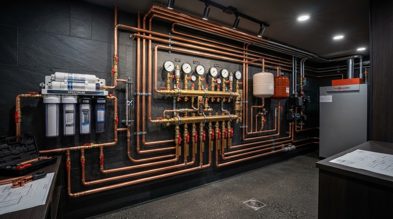 Pristine high-tech copper plumbing manifold with pressure gauges and shut-off valves in a luxury utility room — advanced routing and whole-home water filtration for alpine estates