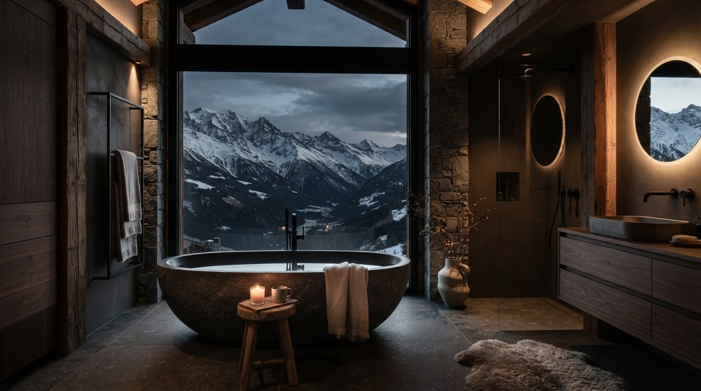 Pristine luxury alpine bathroom with a freestanding stone soaking tub overlooking snow-capped mountain peaks — uninterrupted water flow protected by deep-winter freeze defense plumbing