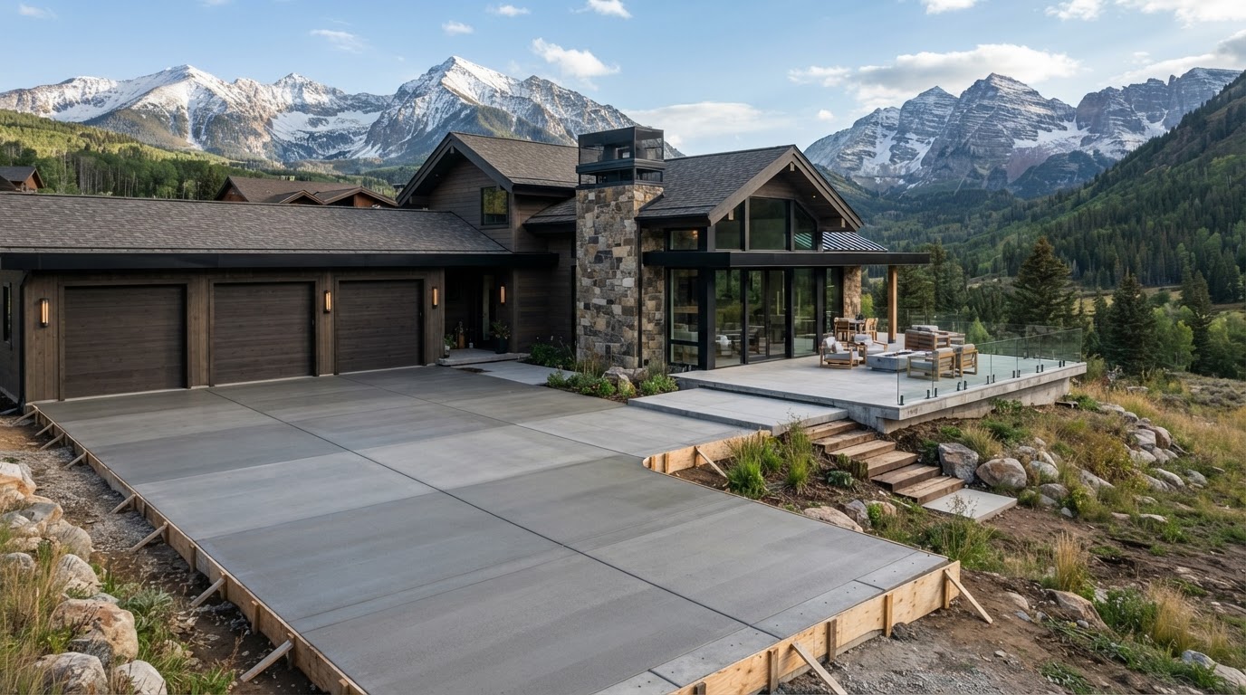 Fresh poured structural concrete driveway, patio, and foundation slab around a luxury alpine estate in Aspen Highlands — modern finished grey concrete surfaces with formwork details beneath snow-capped Colorado peaks