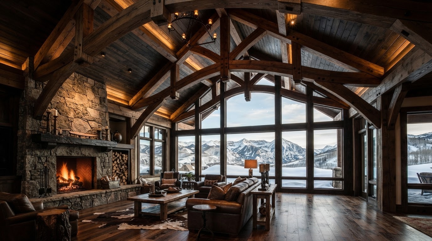 Massive vaulted ceiling with exposed heavy-timber Douglas fir trusses and precision mortise-and-tenon joinery in a luxury alpine estate overlooking snow-capped Aspen peaks — architectural timber framing for severe snow loads
