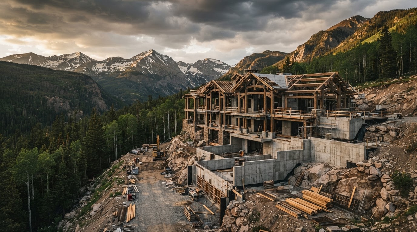 High-altitude luxury alpine estate construction site on a steep mountain grade in the Colorado Rockies — exposed reinforced concrete foundation and heavy timber framing anchored into granite bedrock beneath snow-capped peaks
