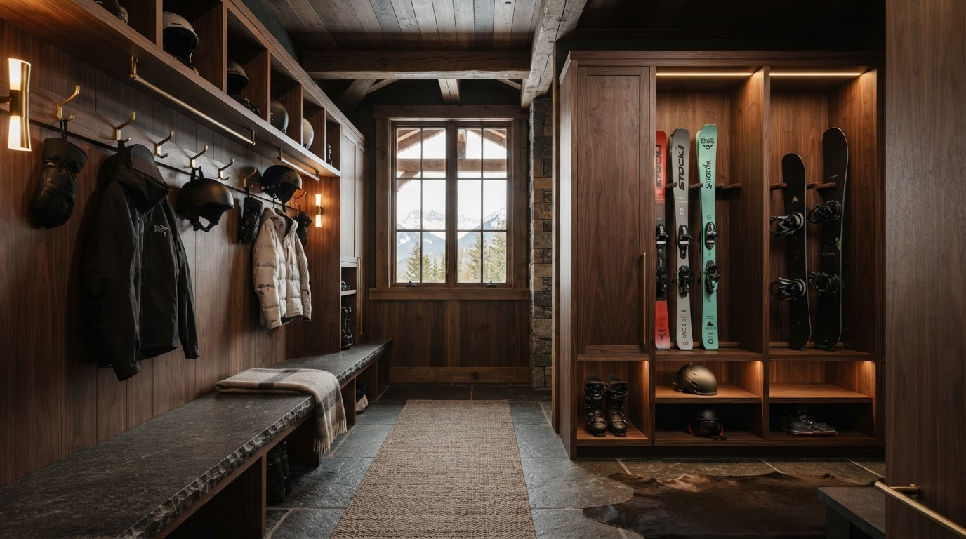 High-end custom-milled ski mudroom with bespoke walnut cabinetry, built-in ski and snowboard storage, heated stone bench, and brushed brass hardware in a luxury alpine estate — bespoke millwork and cabinetry
