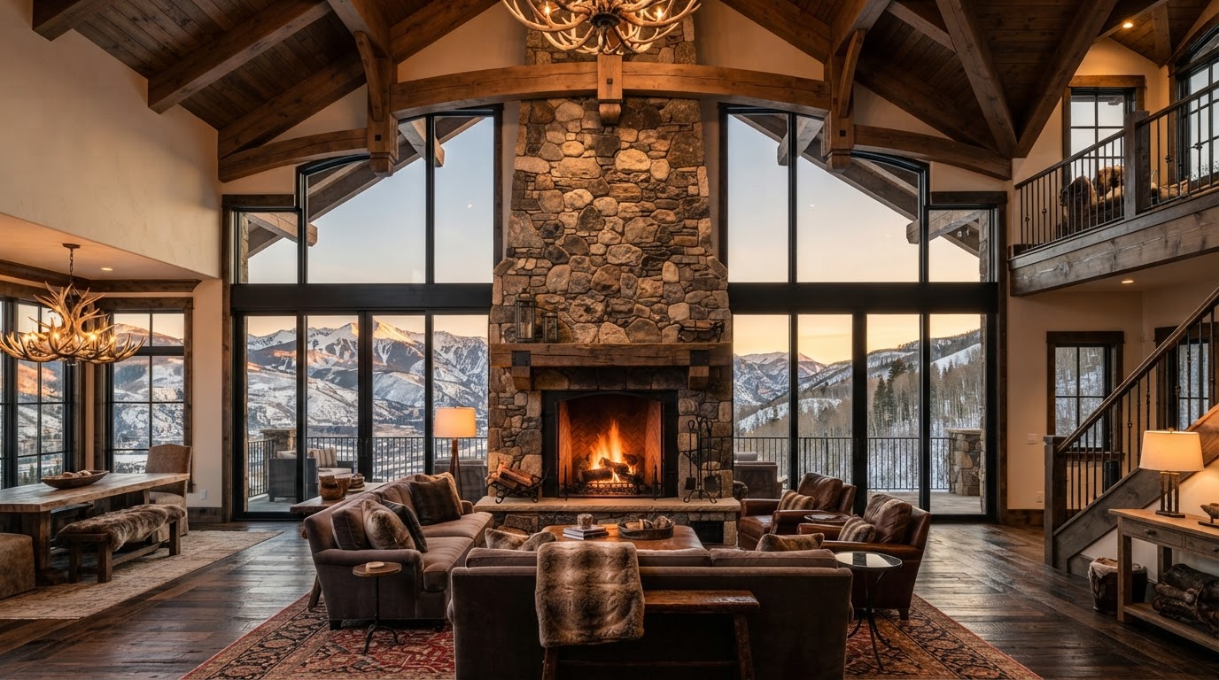 Massive floor-to-ceiling hand-laid river rock stone fireplace as the grand centerpiece of a luxury alpine estate great room with vaulted timber ceilings and snow-capped Aspen peaks beyond the glass — monumental hearth masonry