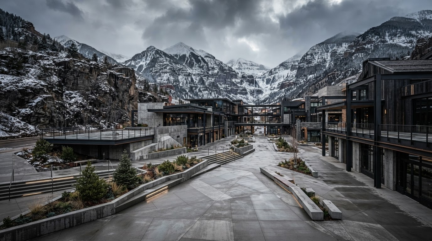 Landmark Colorado civic plaza and mixed-use commercial development with precision-poured architectural concrete hardscape, multi-level structural framing, and integrated retaining walls anchored into mountain bedrock beneath snow-capped peaks