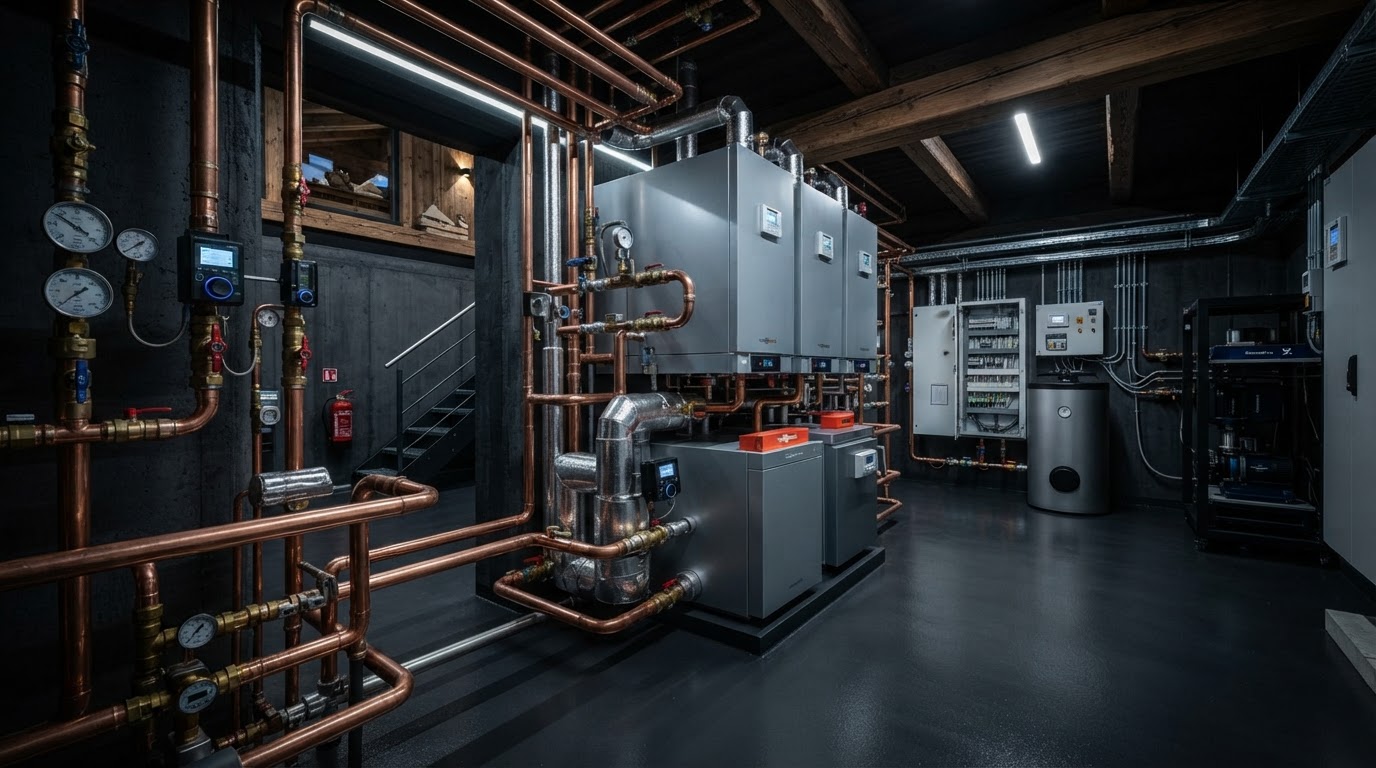 Pristine high-tech mechanical room with cascading stainless-steel modulating boilers, copper piping, and pressure gauges in a luxury alpine estate — high-capacity boiler architecture for snowmelt and spa systems