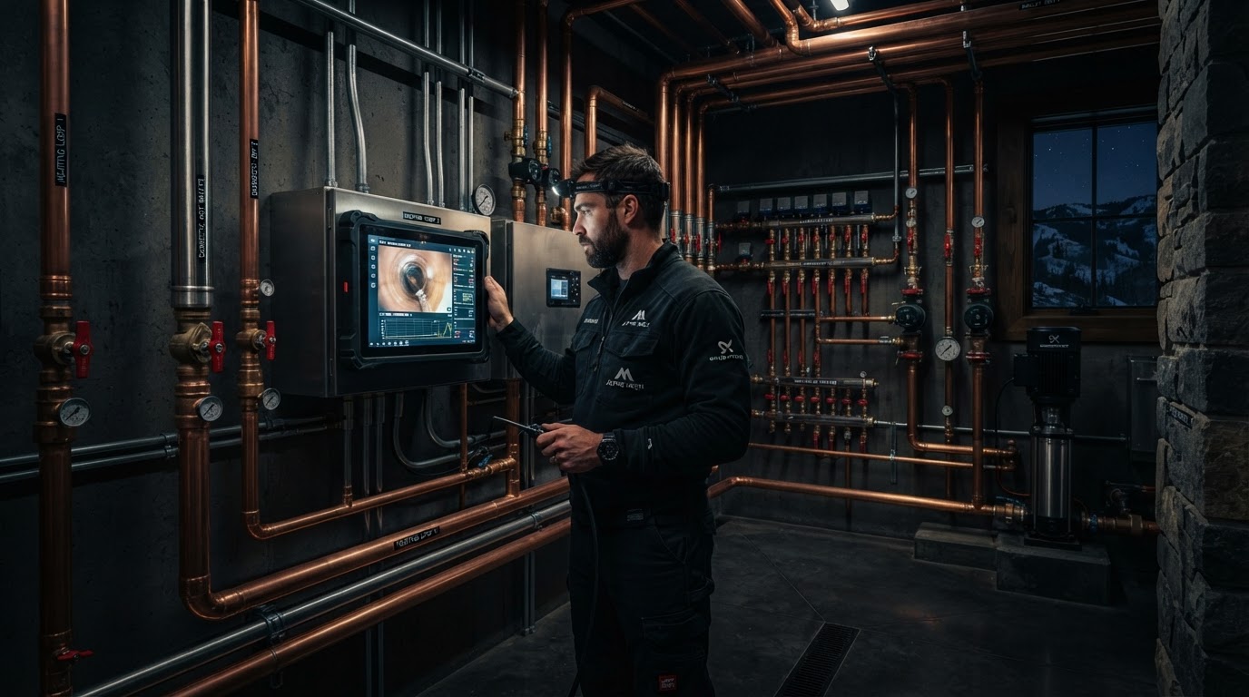 Clean high-tech utility room with a technician using a digital diagnostic screen showing a fiber-optic camera feed for non-invasive drain inspection in a luxury alpine estate — precision diagnostics